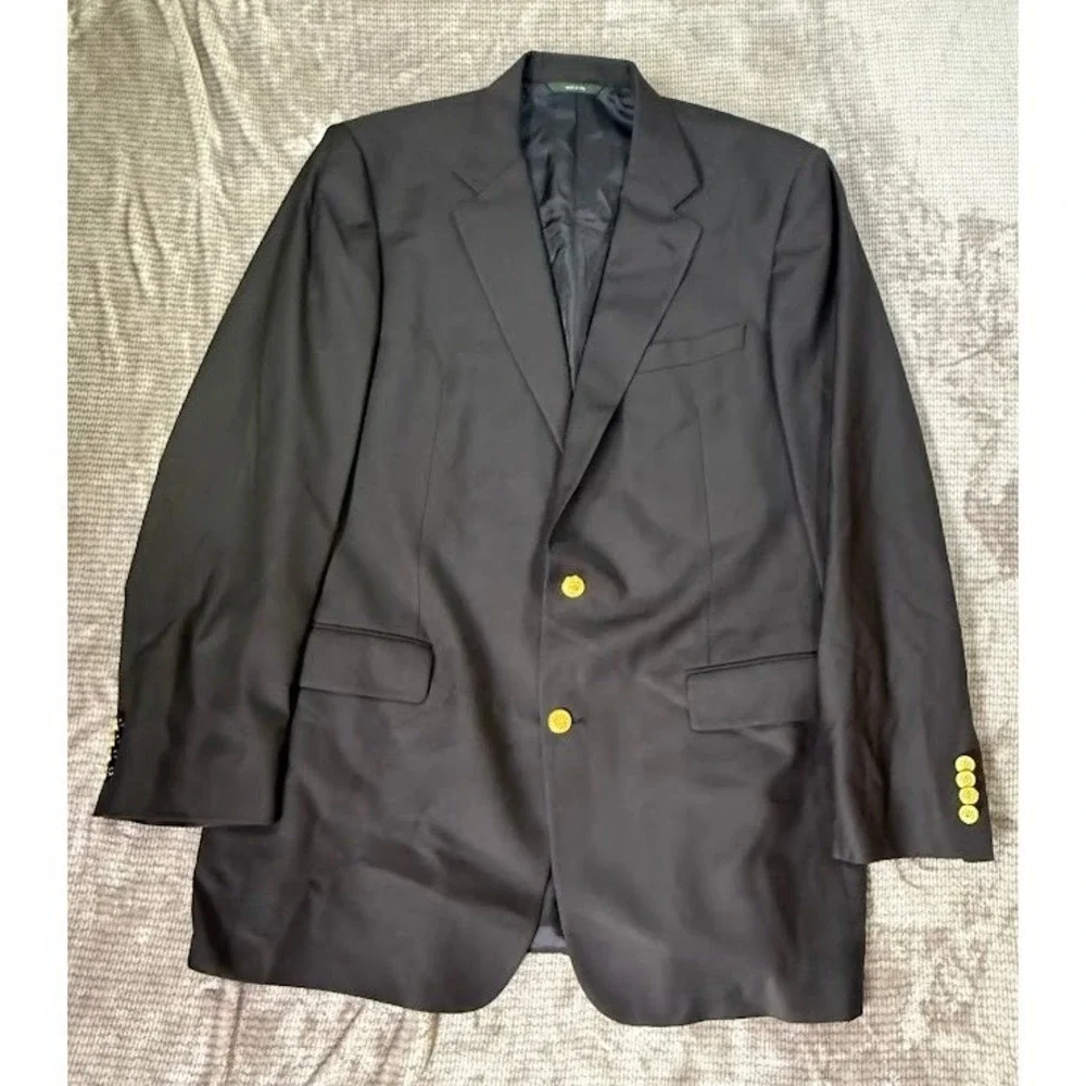 Brooks Brothers Country Club Blazer Mens 44 XL Blue Wool Gold Button Jacket USA